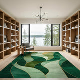 Washable Emerald Green and Gold Abstract Wavy Area Rug, Low Pile Non-Slip