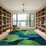 Lush Green Geometric Landscape Rug with Moonlit Trees