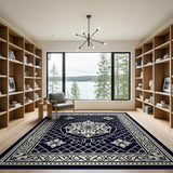 Navy Persian Trellis Area Rug with Floral Medallion
