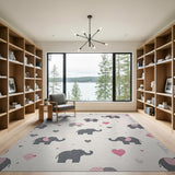 Grey Elephant Pink Heart Nursery Rug