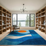 Blue Teal Geometric Sun Over Waves Rug