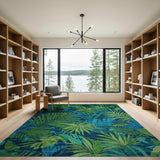 Tropical Green Leaf Washable Area Rug - Low Pile Non-Slip Botanical Carpet