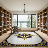 Blue and Teal Ornate Navy Blue and Gold Medallion Area Rug