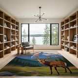 Majestic Elk Sunset Over Snowy Peaks Area Rug