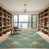 Teal Persian Palm Frond Area Rug with Gold Accents