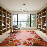 Pink Center with Fiery Leaf Border Area Rug
