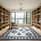 Black White Leaf Silhouette Persian Border Rug