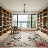 Pink Peony Deer Floral Area Rug