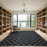 Navy Gold Geometric Grid Area Rug
