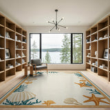 Blue and Teal Coastal Starfish Seashell Border Area Rug
