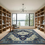Navy Blue Traditional Persian Area Rug with Ivory Florals