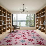 Pink Snowflake Pattern Area Rug with Red Blue Accents