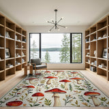 Floral Vintage Whimsical Red Mushroom Meadow Area Rug