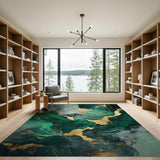 ODIKA Emerald Green and Gold Marble Washable Rug - Non-Slip Low Pile Modern Abstract Area Rug