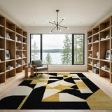 ODIKA Modern Geometric Abstract Washable Rug - Gold & Black Low Pile Area Rug