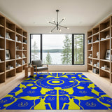 Vibrant Yellow Tribal Faces on Blue Area Rug