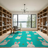 Teal Cartoon Bunny Easter Egg Area Rug