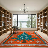 Teal Christmas Tree Snowflakes on Orange Area Rug
