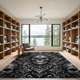 Black and White Ornate Skull Black White Area Rug