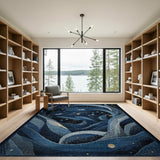 Mystical Navy Blue Serpents Stars Abstract Rug