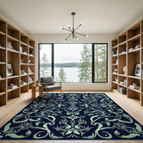 Navy Blue Mint Green Floral Vine Area Rug