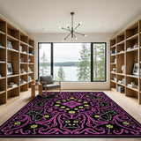 Ornate Black Cat Pink Floral Area Rug