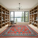 Red Persian Area Rug with Teal Intricate Motifs