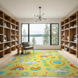 Playful Weather Doodles Yellow Kids Cartoon Rug