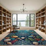 Teal Mandala Underwater Sea Life Area Rug
