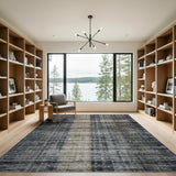 Distressed Grey Plaid Area Rug with Gold Accents