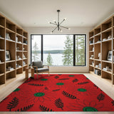 Vibrant Red Sunflower Fern Area Rug
