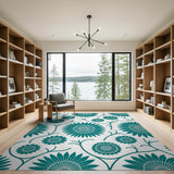Teal Sunflower Vine Floral Area Rug
