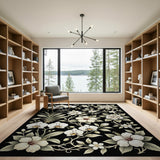 White Orchid Hibiscus Floral Area Rug on Black