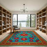 Teal Persian Floral Medallion Rug with Red Blooms Gold Border
