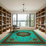 Teal Persian Mandala Area Rug with Gold Accents