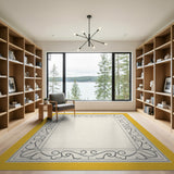 Yellow Ornate Floral Scroll Border Area Rug