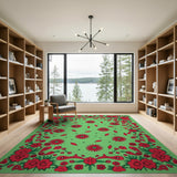 Vibrant Red Floral Blooms Green Area Rug