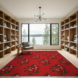 Vibrant Red Leaf and Pod Pattern Area Rug