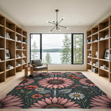 Pink Sunflower Poppy Floral Area Rug