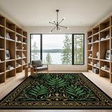 Ornate Green Leaf Rug with Gold Frame
