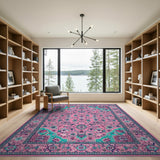 Vibrant Pink Persian Area Rug with Teal Florals