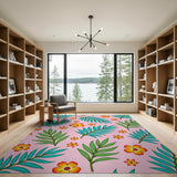 Pink Tropical Palm Leaves and Hibiscus Flower Rug
