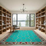 Teal Lattice Geometric Rug with Floral Border