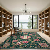 Vintage Green Peony Floral Area Rug