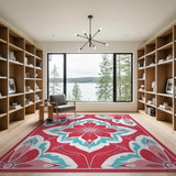 Vibrant Red Teal Floral Medallion Rug