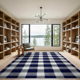 Distressed Navy Blue Gingham Plaid Area Rug