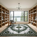 Beige and Neutral Ornate Black Ivory Floral Medallion Rug