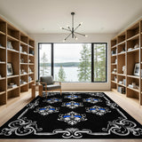 Elegant Black Damask Area Rug with Blue Accents