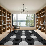 Black White Geometric Circles Grid Area Rug