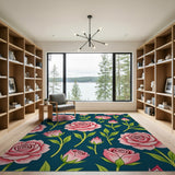 Vintage Pink Roses on Navy Area Rug